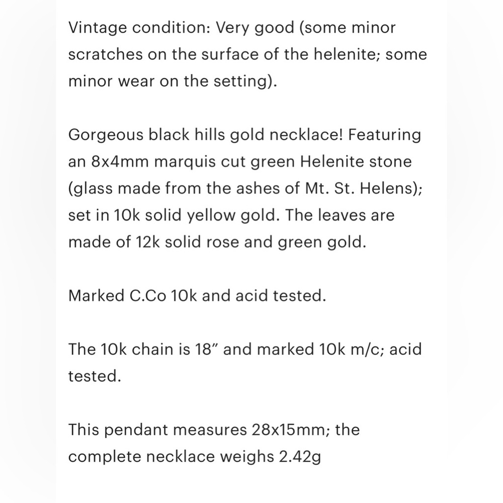Vintage 10K black hills gold green Helenite marquis tricolor solid gold … - Picture 8 of 8